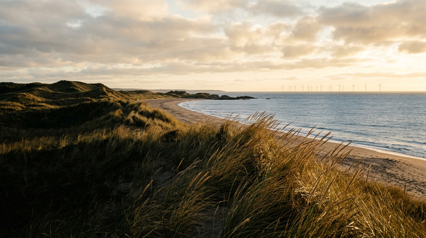 Wind turbines along the Atlantic coast at sunset
